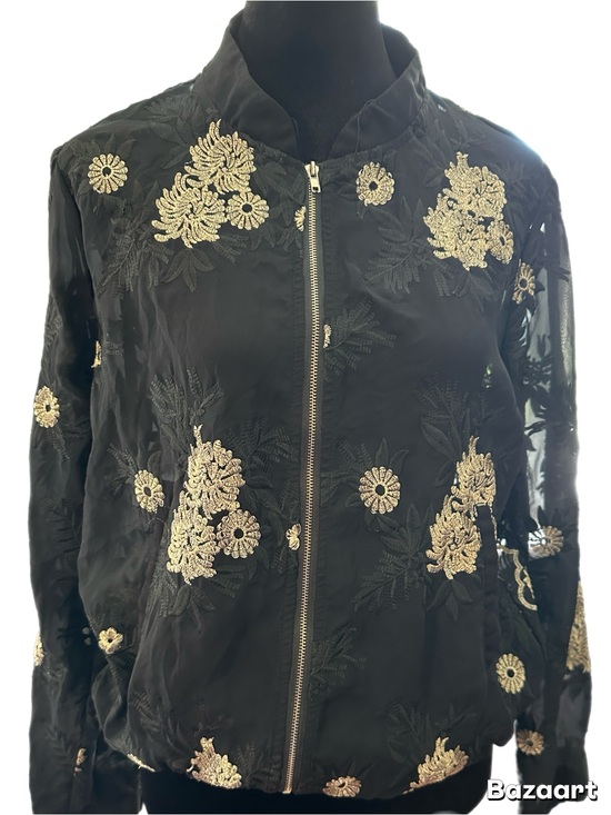 Sans Souci Jackets & Blazers - Sans Souci Black Sheer Bomber Jacket with Gold Floral Embroidery